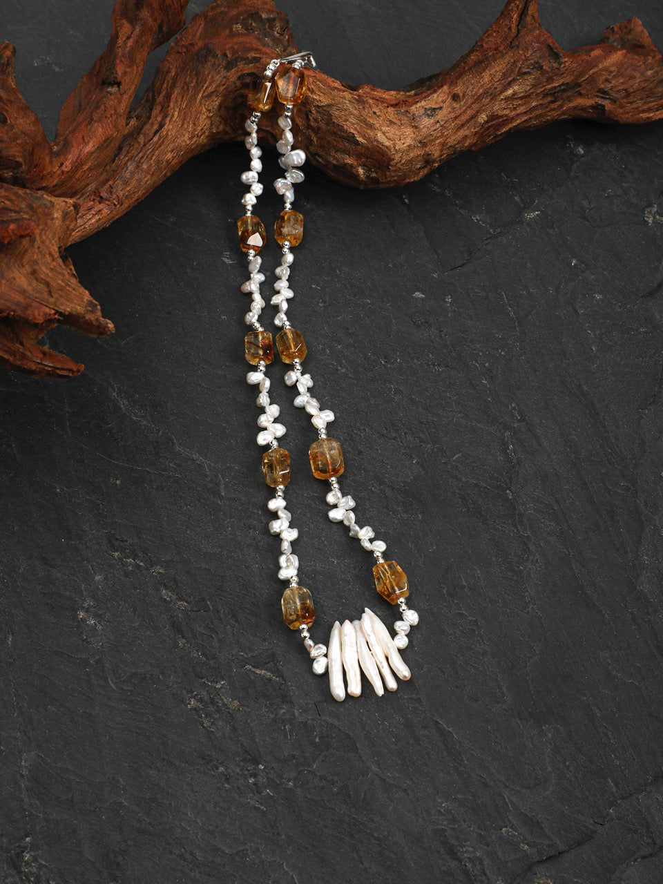AMBER VINE · Citrine & Baroque Pearl Necklace