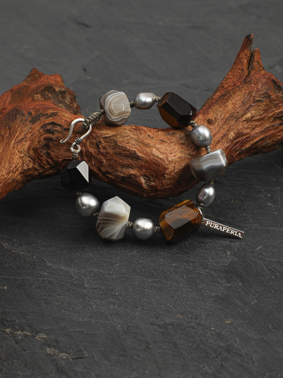 GLOWING CORE · Tiger's Eye & Grey Pearl Bracelet