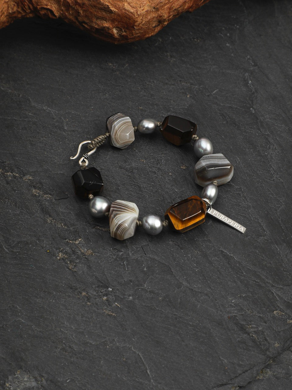 GLOWING CORE · Tiger's Eye & Grey Pearl Bracelet