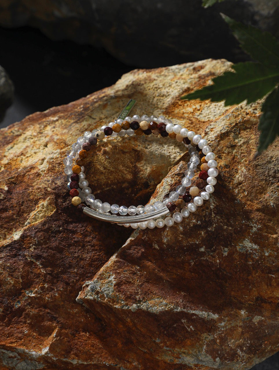 AMBER ROCK TRACE · Moonstone & Pearl Triple-Wrap Bracelet