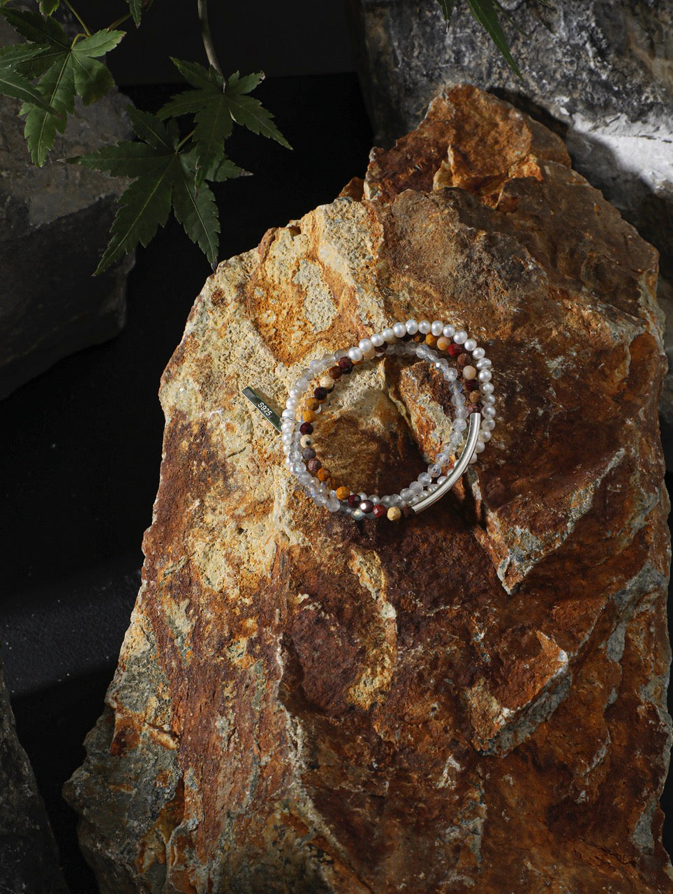 AMBER ROCK TRACE · Moonstone & Pearl Triple-Wrap Bracelet