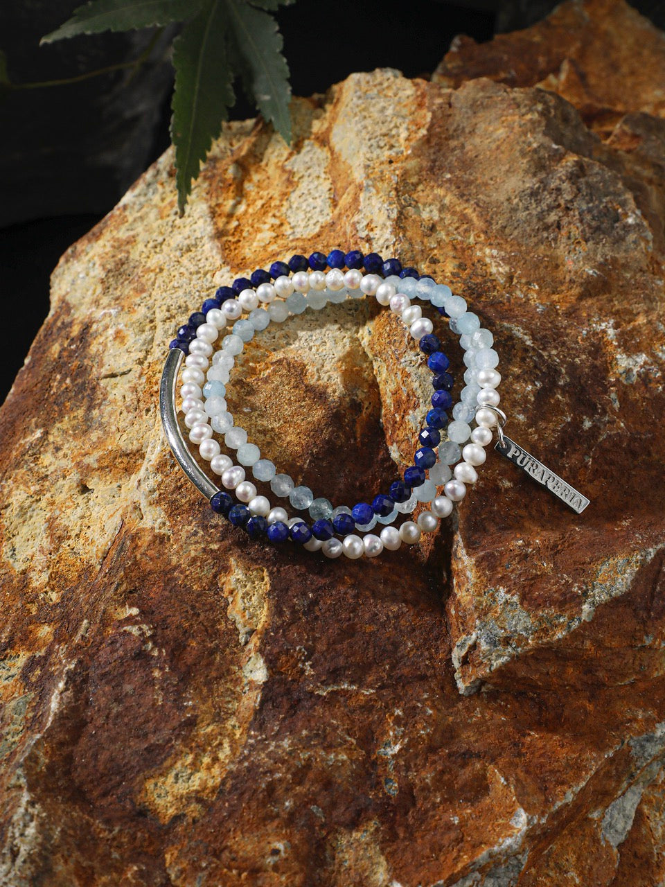CYAN ECHO · Aquamarine & Lapis Triple-Wrap Bracelet