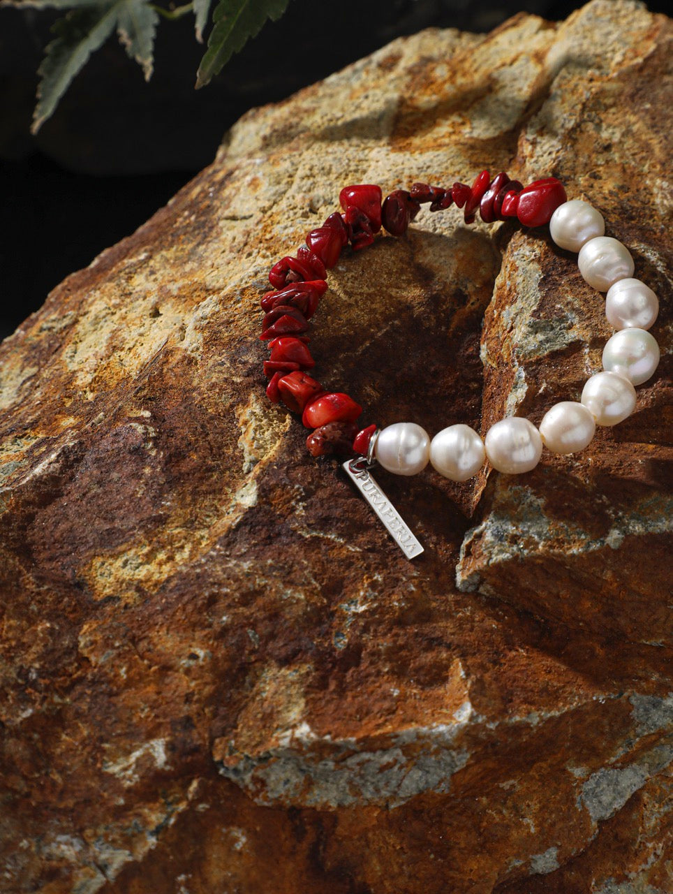 CRIMSON TIDE · Pearl & Coral Chip Bracelet