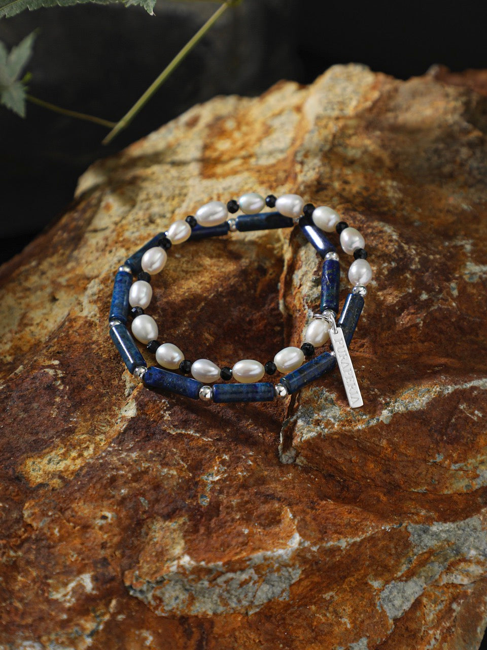 DEEP SURGE · Lapis & Pearl Double-Wrap Bracelet