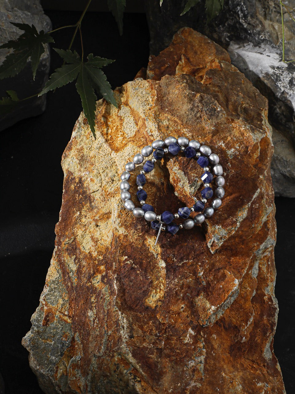 GREY RIPPLE · Sodalite & Pearl Double-Wrap Bracelet
