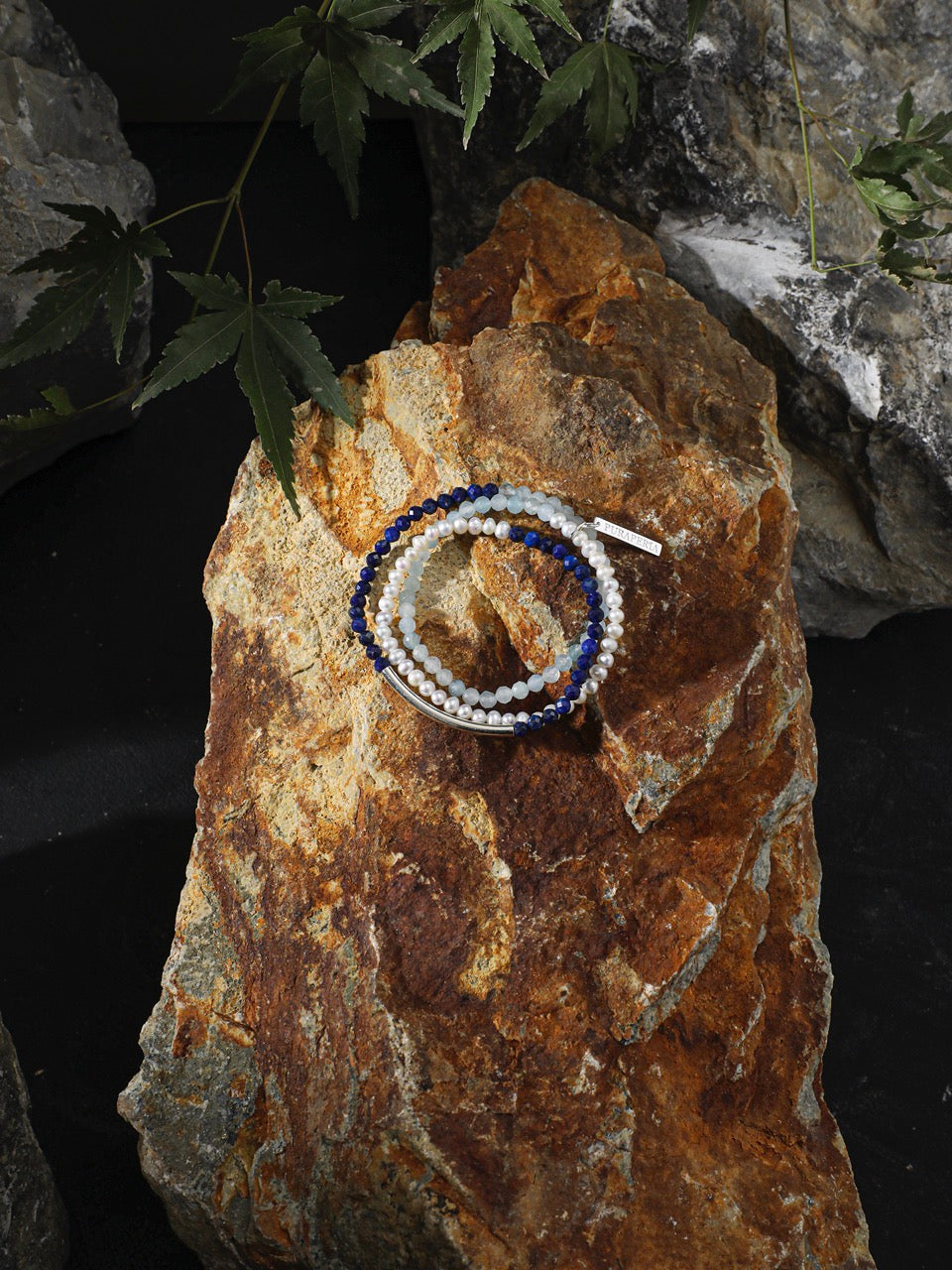 CYAN ECHO · Aquamarine & Lapis Triple-Wrap Bracelet
