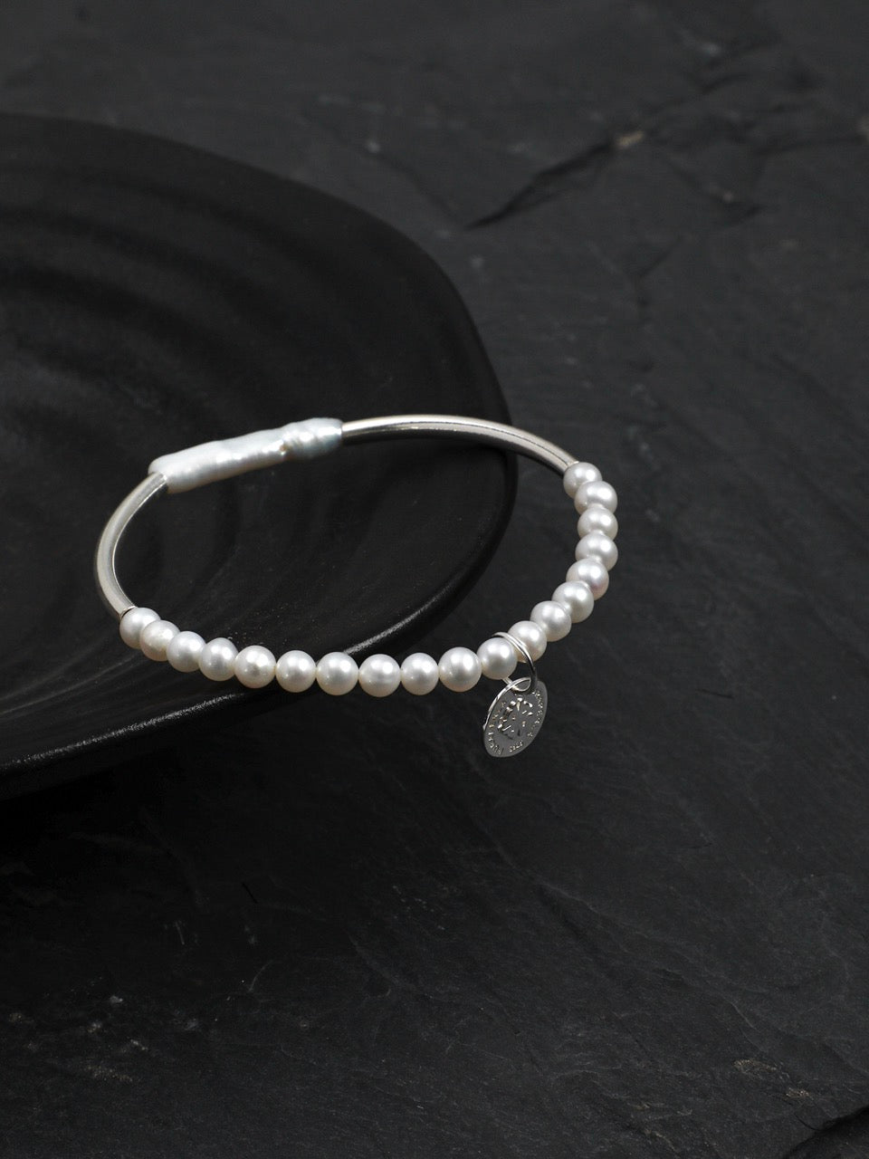 LUNAR CIRCLE · Pearl & Silver Tube Bracelet