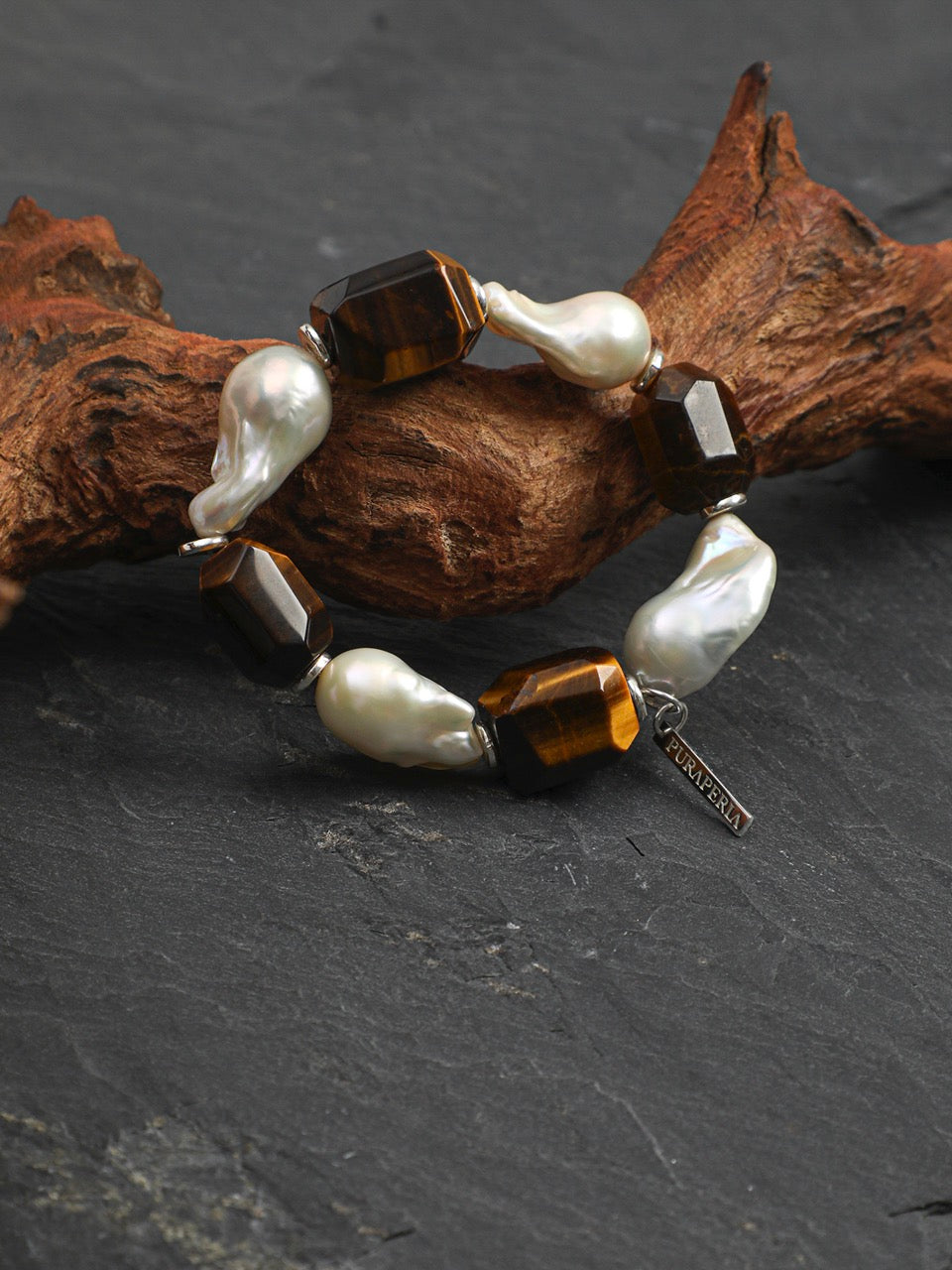 AMBER MATRIX · Tiger's Eye & Baroque Pearl Bracelet