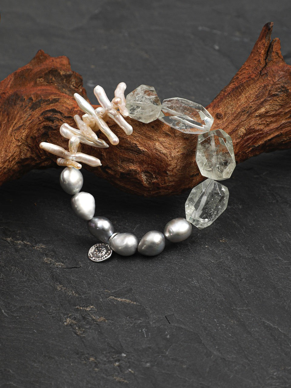 GHOST VINE · Green Quartz & Grey Pearl Bracelet
