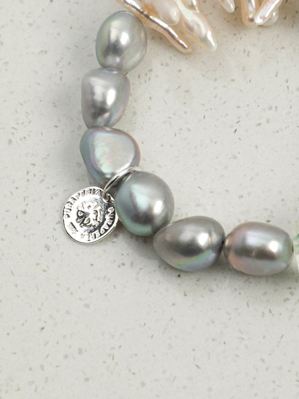 GHOST VINE · Green Quartz & Grey Pearl Bracelet