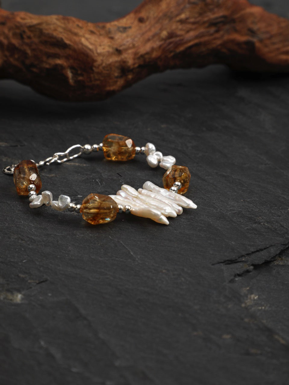 AMBER VINE · Citrine & Baroque Pearl Bracelet