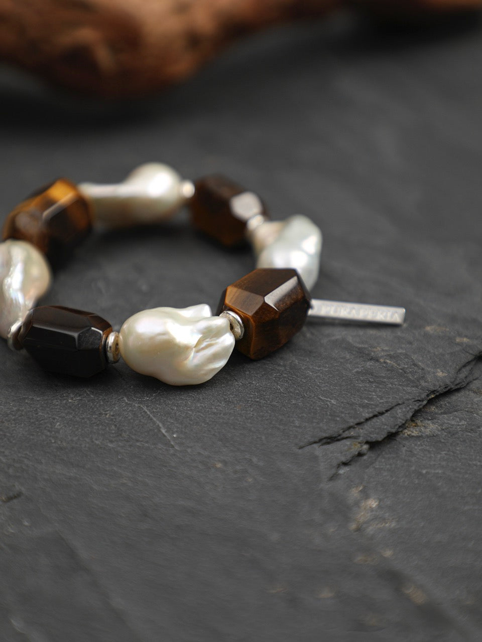 AMBER MATRIX · Tiger's Eye & Baroque Pearl Bracelet