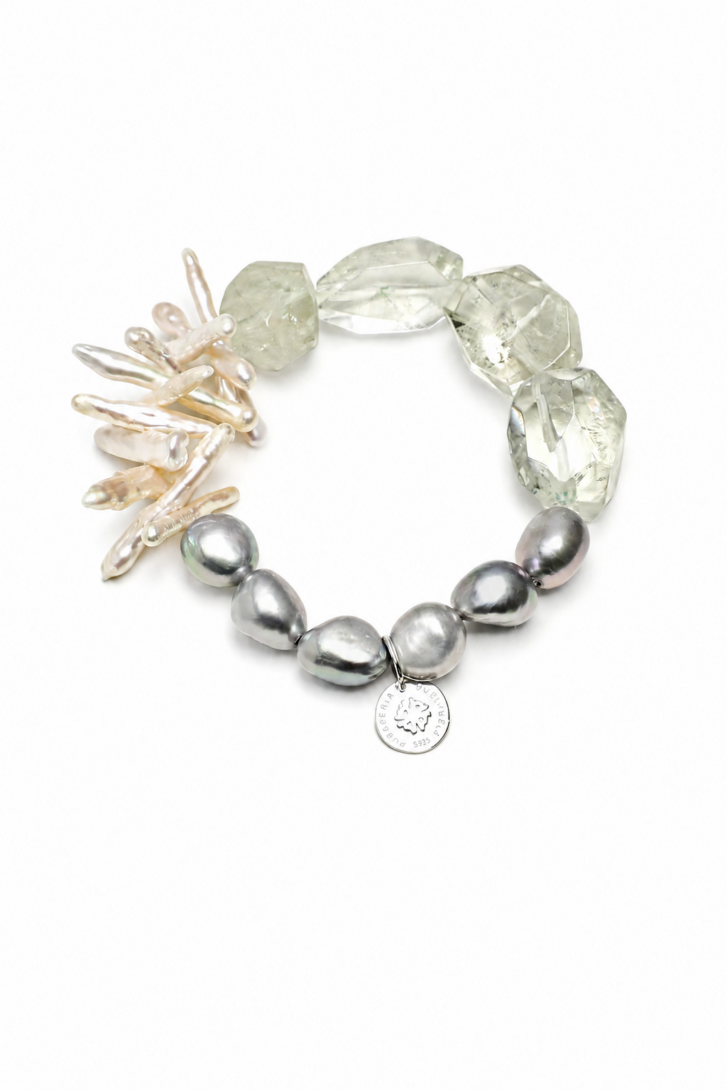 GHOST VINE · Green Quartz & Grey Pearl Bracelet