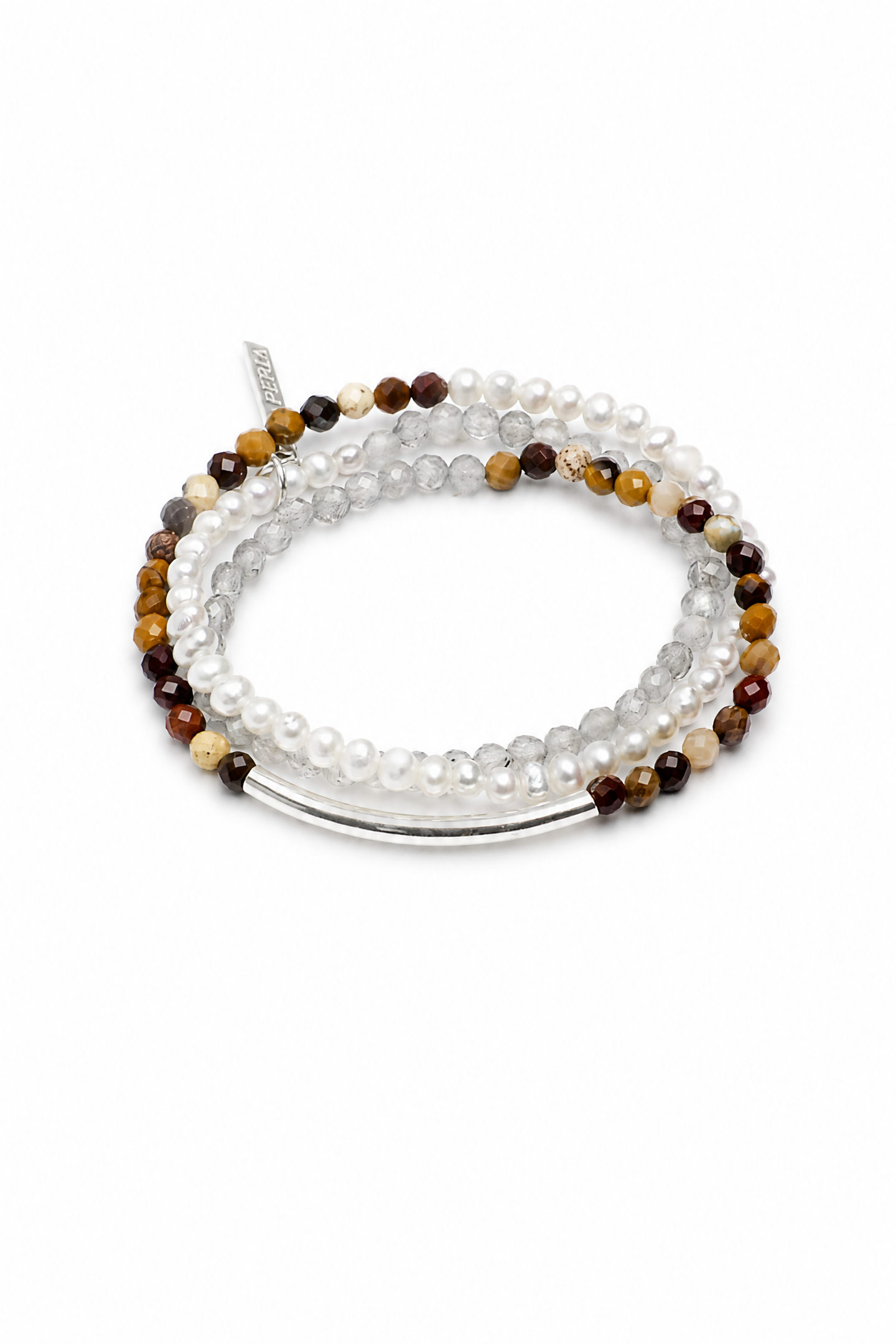 AMBER ROCK TRACE · Moonstone & Pearl Triple-Wrap Bracelet