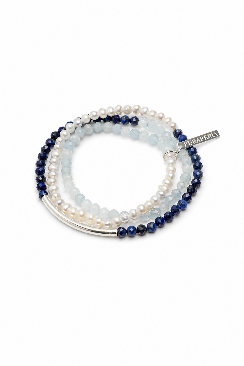 CYAN ECHO · Aquamarine & Lapis Triple-Wrap Bracelet
