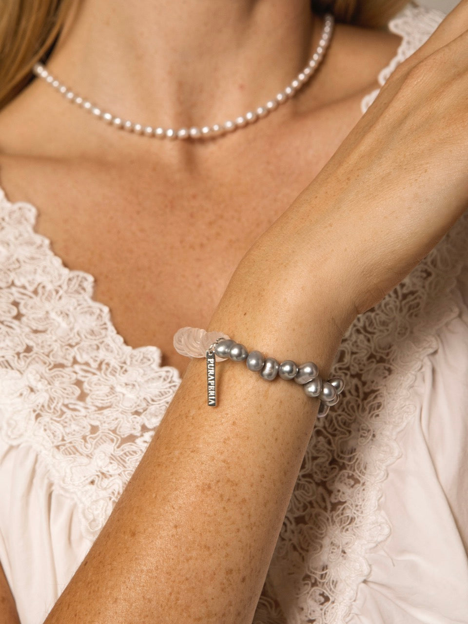 MISTY GLASS · Clear Quartz & Grey Pearl Bracelet