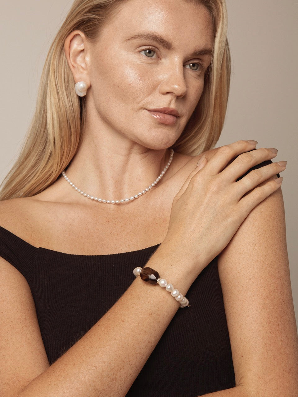 SMOKY GEOMETRY · Smoky Quartz & Pearl Bracelet