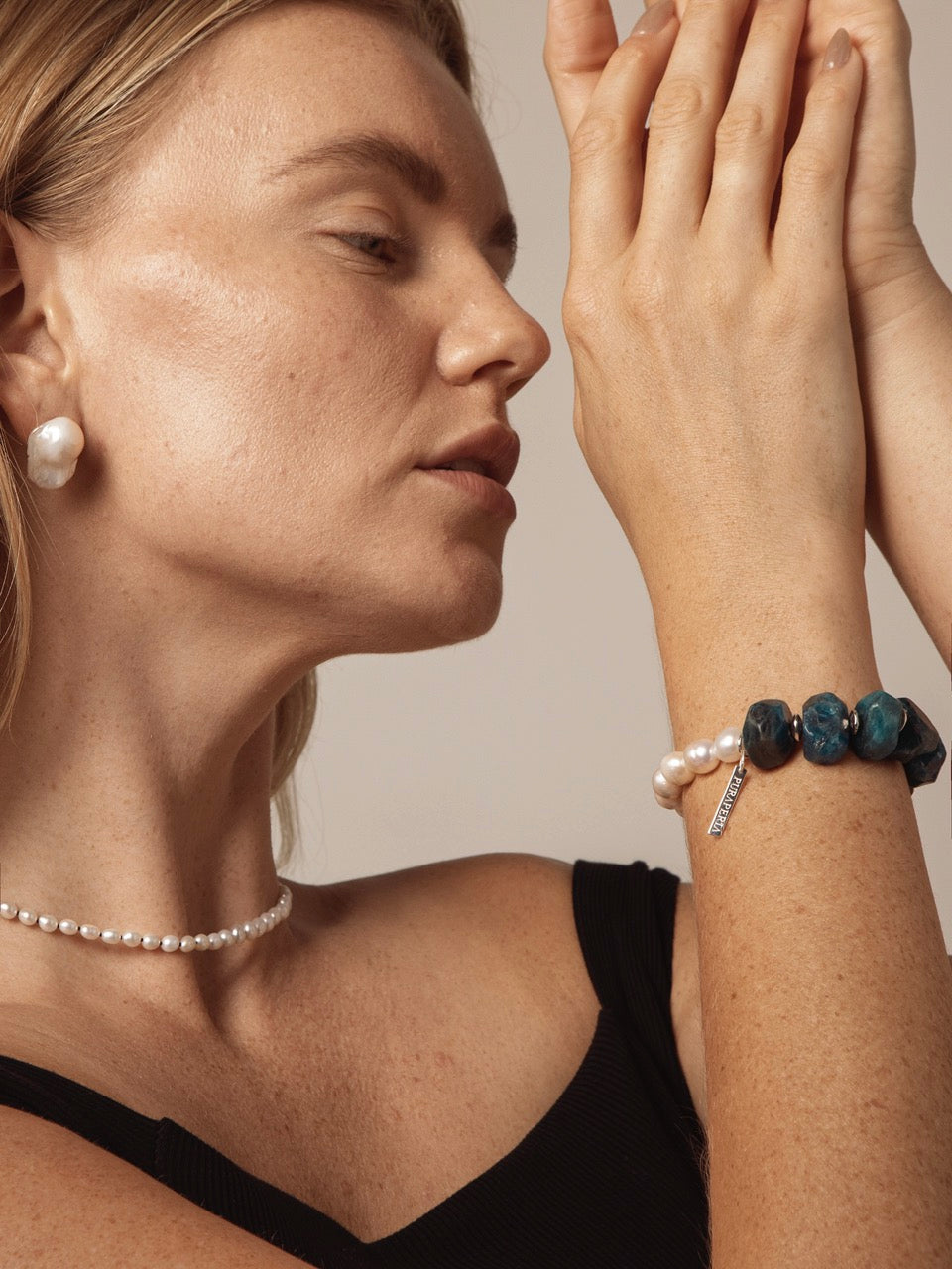 DEPTH RIPPLE · Blue Apatite & Pearl Bracelet