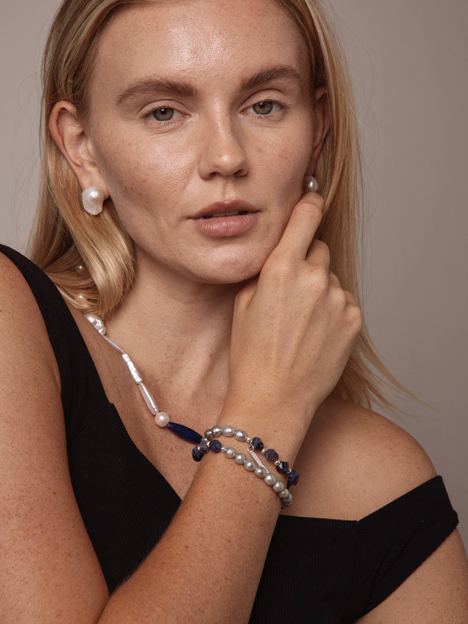 GREY RIPPLE · Sodalite & Pearl Double-Wrap Bracelet