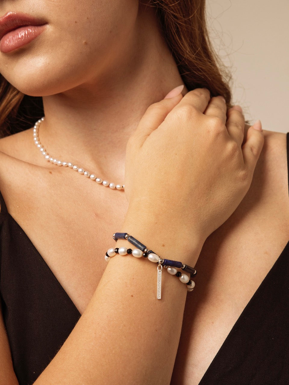 DEEP SURGE · Lapis & Pearl Double-Wrap Bracelet