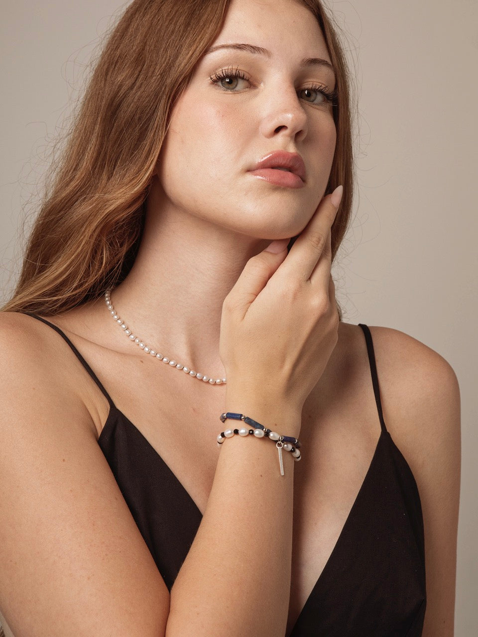 DEEP SURGE · Lapis & Pearl Double-Wrap Bracelet