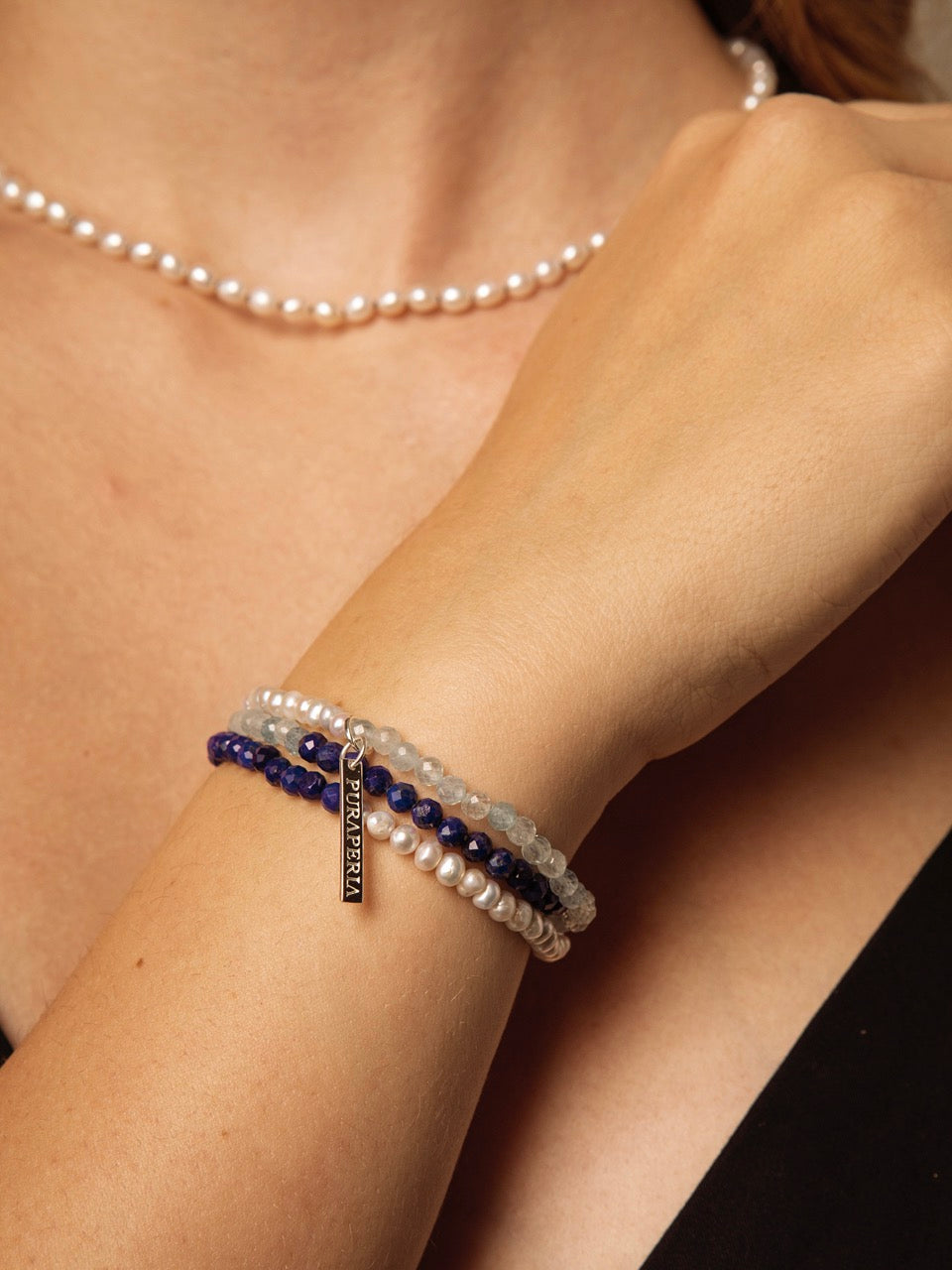 CYAN ECHO · Aquamarine & Lapis Triple-Wrap Bracelet