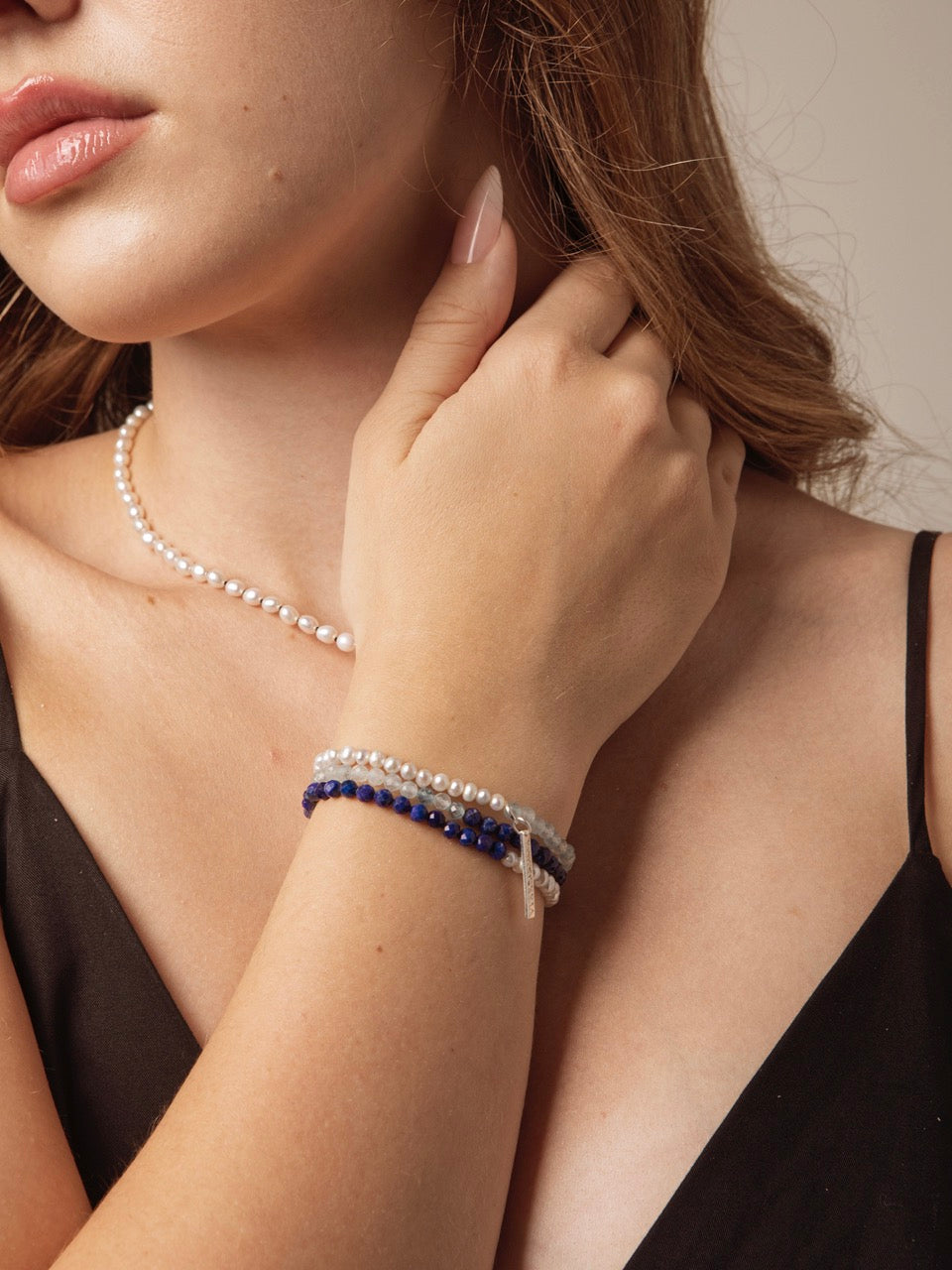 CYAN ECHO · Aquamarine & Lapis Triple-Wrap Bracelet