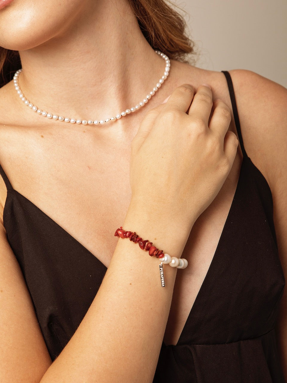 CRIMSON TIDE · Pearl & Coral Chip Bracelet
